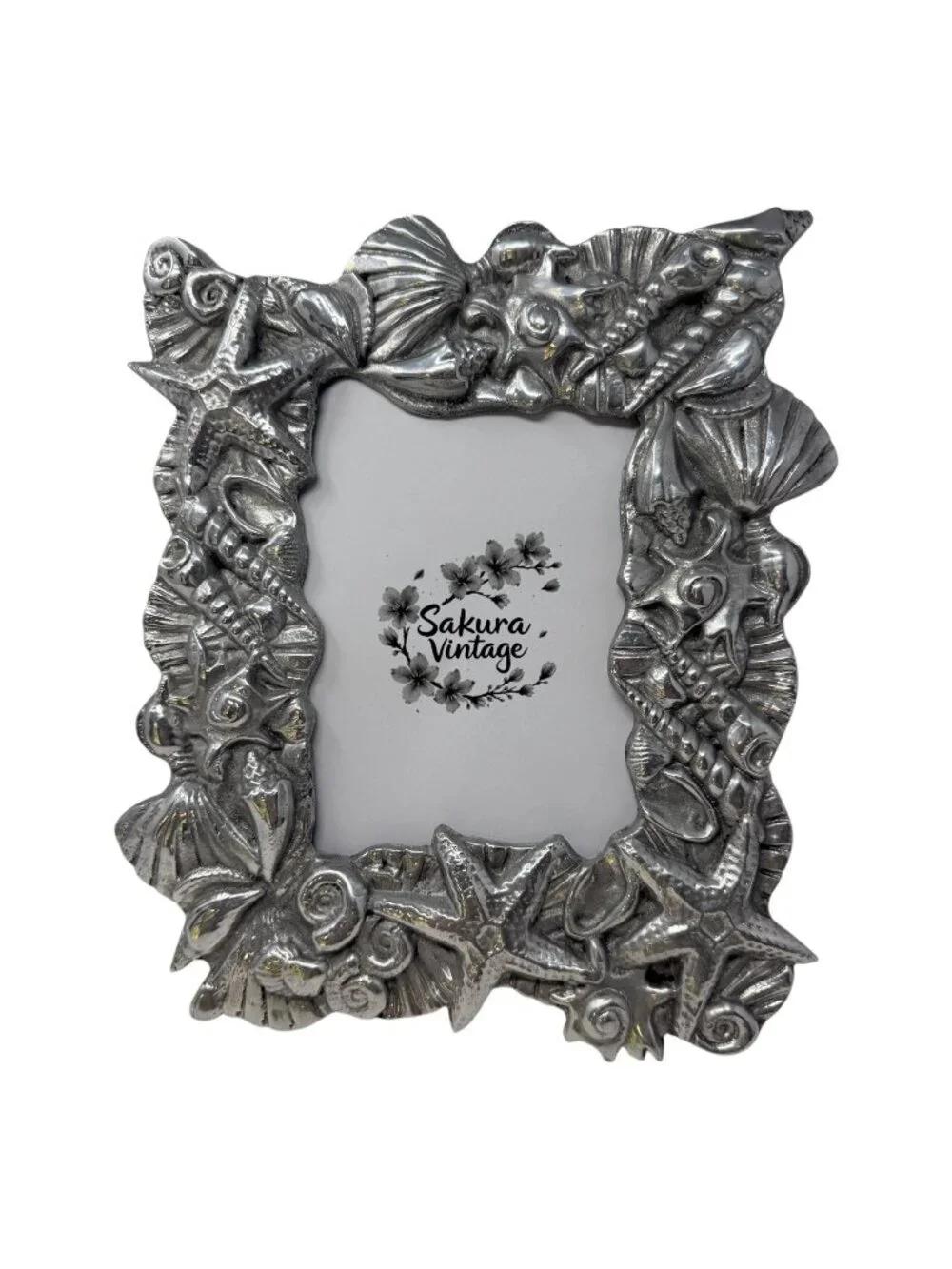 Vintage Cast Pewter Seashell Photo‎ Frame 5x7 Coastal Nautical Decor Heavy Metal